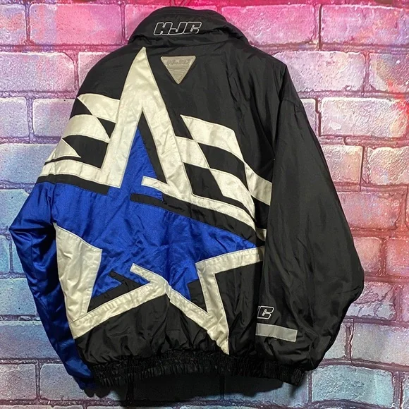 HJC Racing Star Moto Jacket Mens Large Black Blue Silver Vintage Y2K Motorcycle - Picture 3 of 9